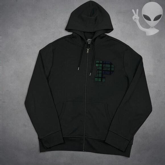 Polo Ralph Lauren Large Black Full Zip Hoodie with Tartan - Picture 2 of 6